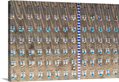Aerial View Of White Sunbeds In A Row In Summer, Vieste, Gargano, Apulia, Italy