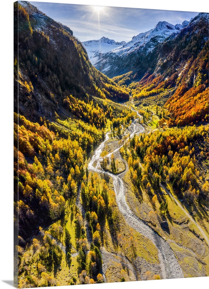 Aerial view of wild torrent in autumn, Val Bodengo (Bodengo valley), Valchiavenna, Valtellina, Lombardy, Italy, Europe. Lo...