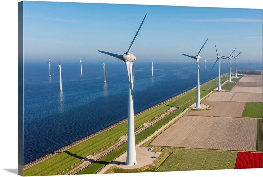 Aerial view of wind turbines at sea, North Holland, Netherlands