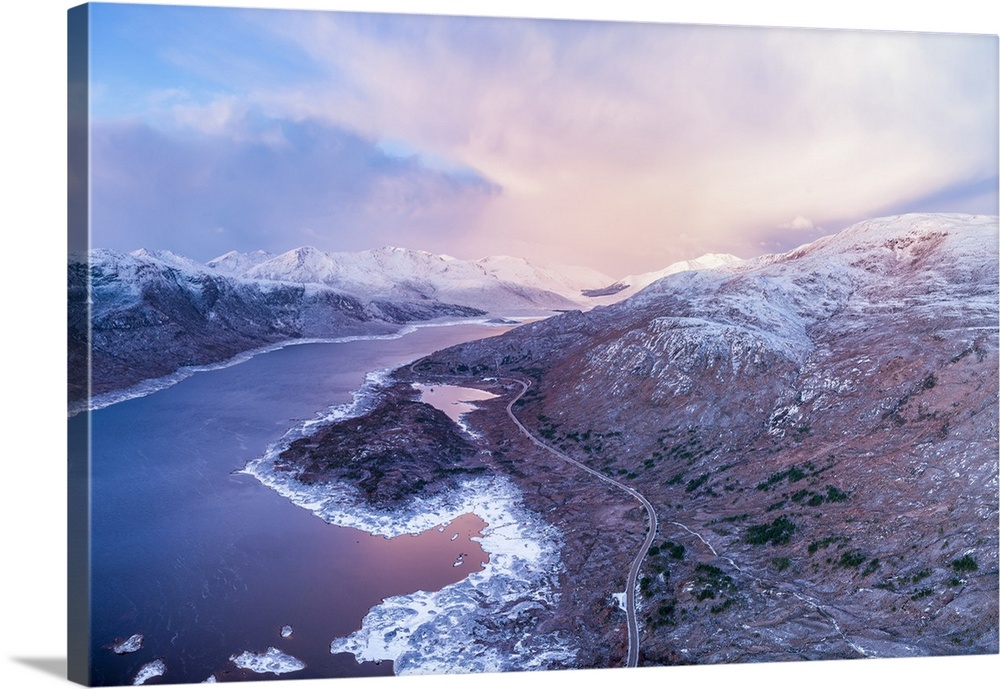 Aerial view over Loch Cuaich along the north coast 500 driving route, A87 between Fort William and the Isle of Skye. Suthe...