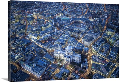 Aerial view over St. Paul's Cathedral, at night London, England