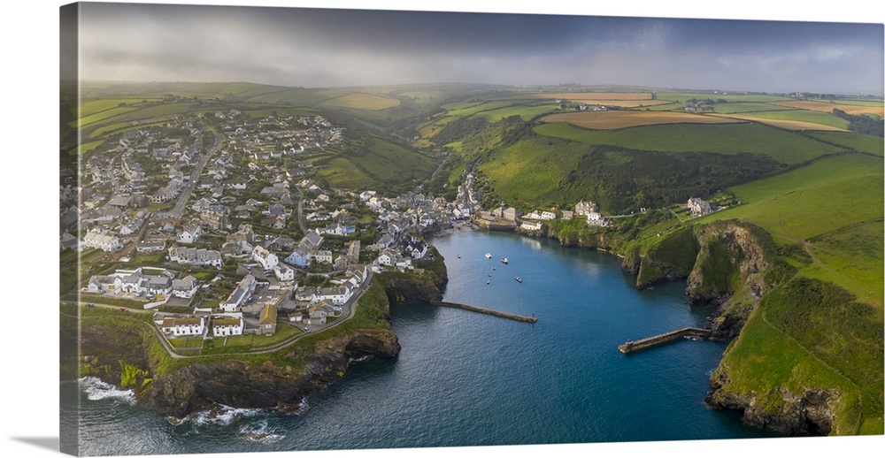 Aerial vista of Port Isaac on the North coast of Cornwall, England. Summer (August) 2020.