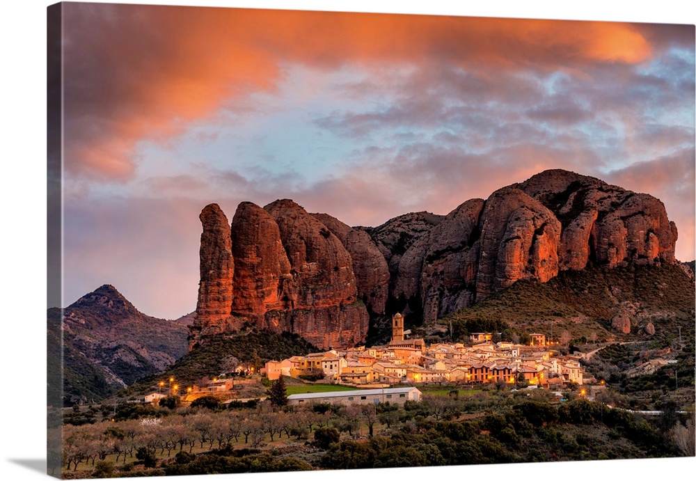 Aguero Village With Mallets Of Aguero At Sunrise. Aguero, Province Of Huesca, Aragon, Spain