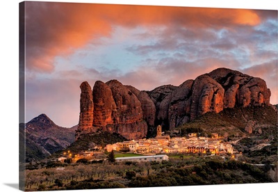 Aguero Village With Mallets Of Aguero At Sunrise, Aguero, Province Of Huesca, Spain