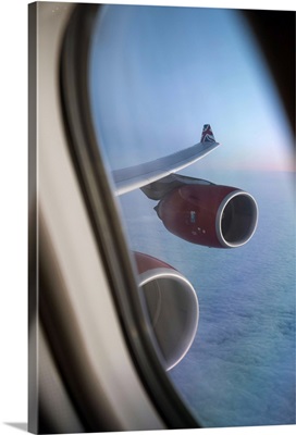 Airbus A340 aircraft, view out of the window with engine and wing