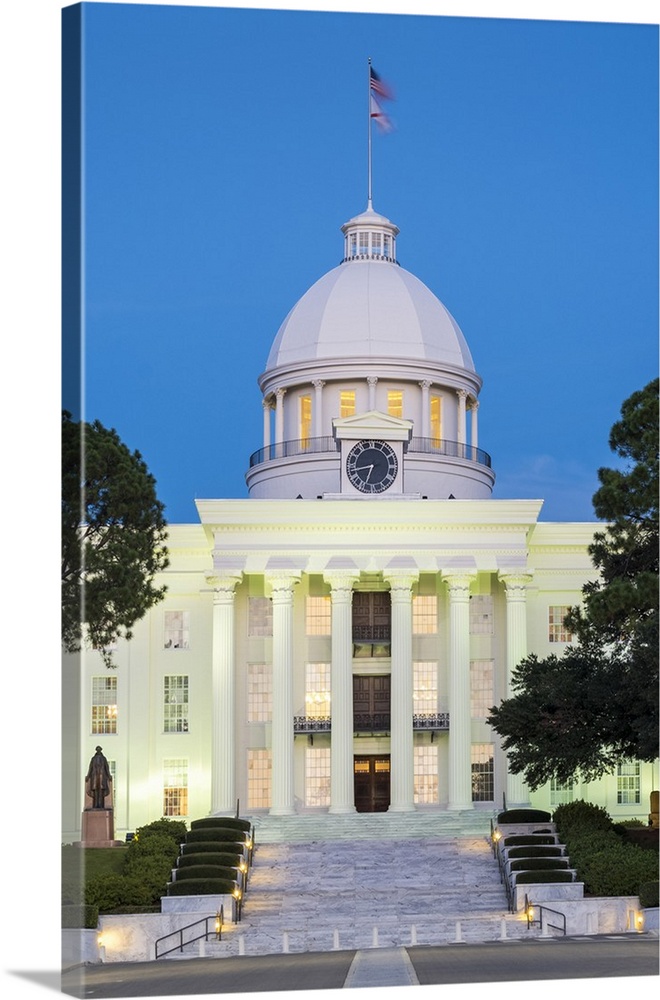 United States, Alabama, Montgomery. Alabama State Capitol building at dusk, former First Confederate Capitol, built 185051.