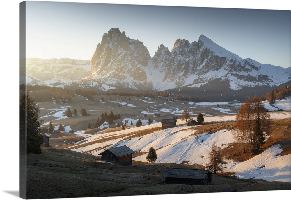 Alpe di Siusi during an early spring morning, with the snow slowly melting, Dolomites, Italy