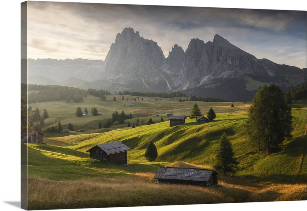 Alpe di Siusi (Seiser Alm) with the Sassolungo and Sassopiatto in the back. Dolomites, Italy.