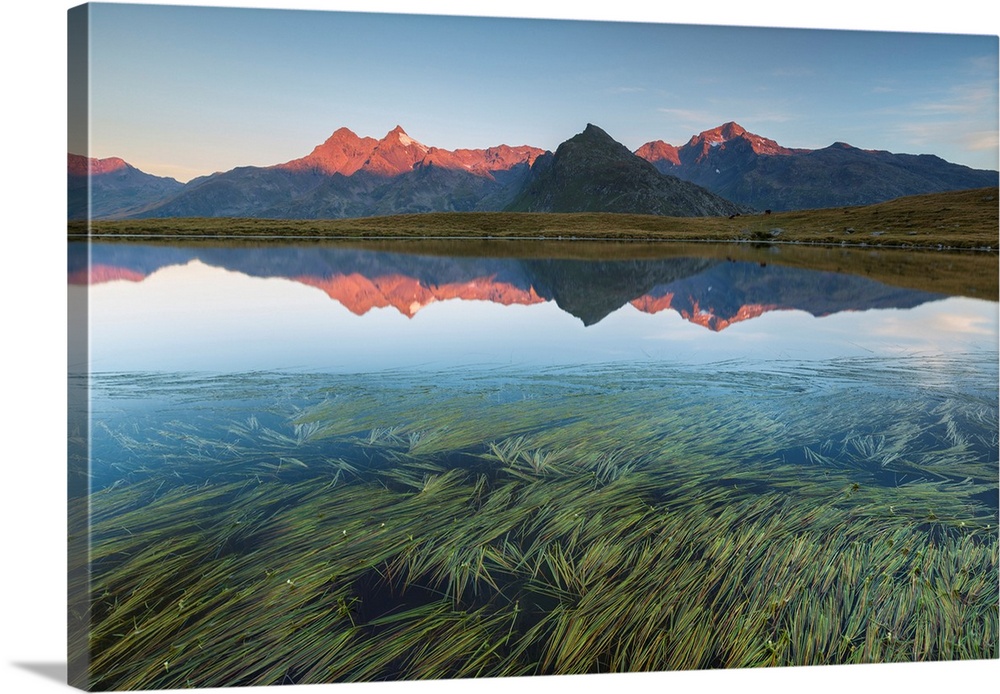 Alps Reflected On Lago Degli Andossi At Sunrise, Spluga Valley, Madesimo, Sondrio Province, Lombardy, Italy