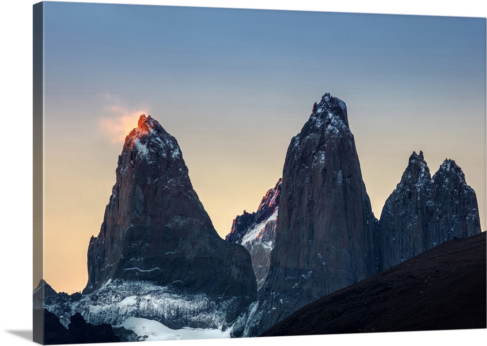 Americas, South America, Chile, Patagonia, the Torres del Paine mountains at sunset in Torres del Paine national park.