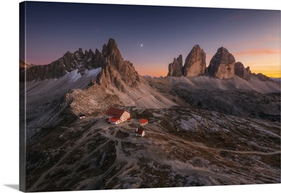 An Early Autumn Sunset Over The Locatelli Hut, Dolomites, Italy