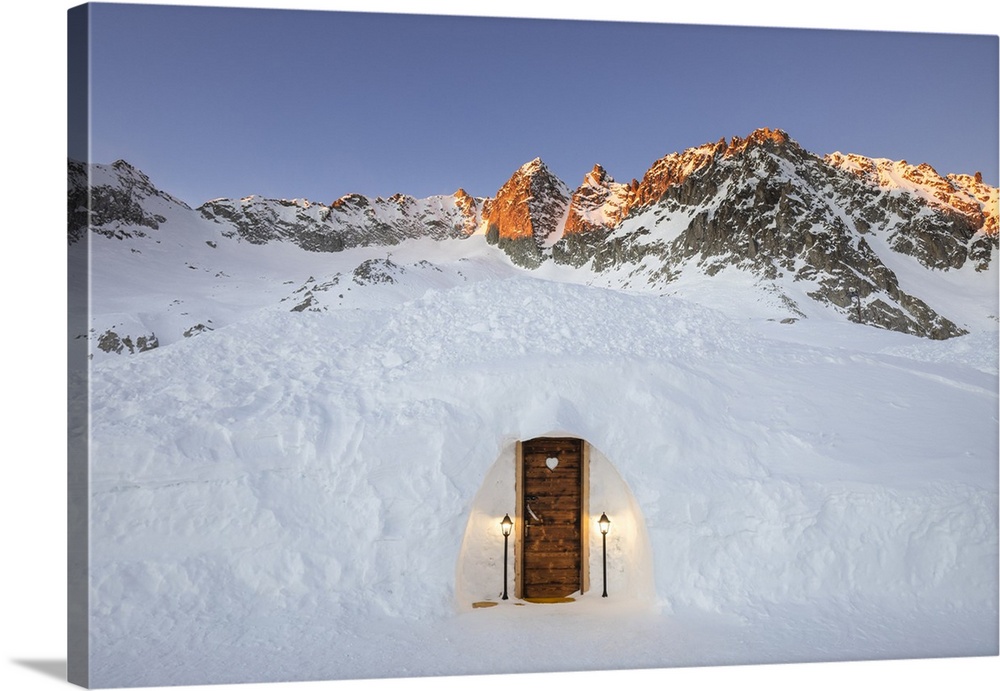 An igloo room of Capanna Presena at sunrise, Trento, Val Presena, Trentino Alto Adige, Italy