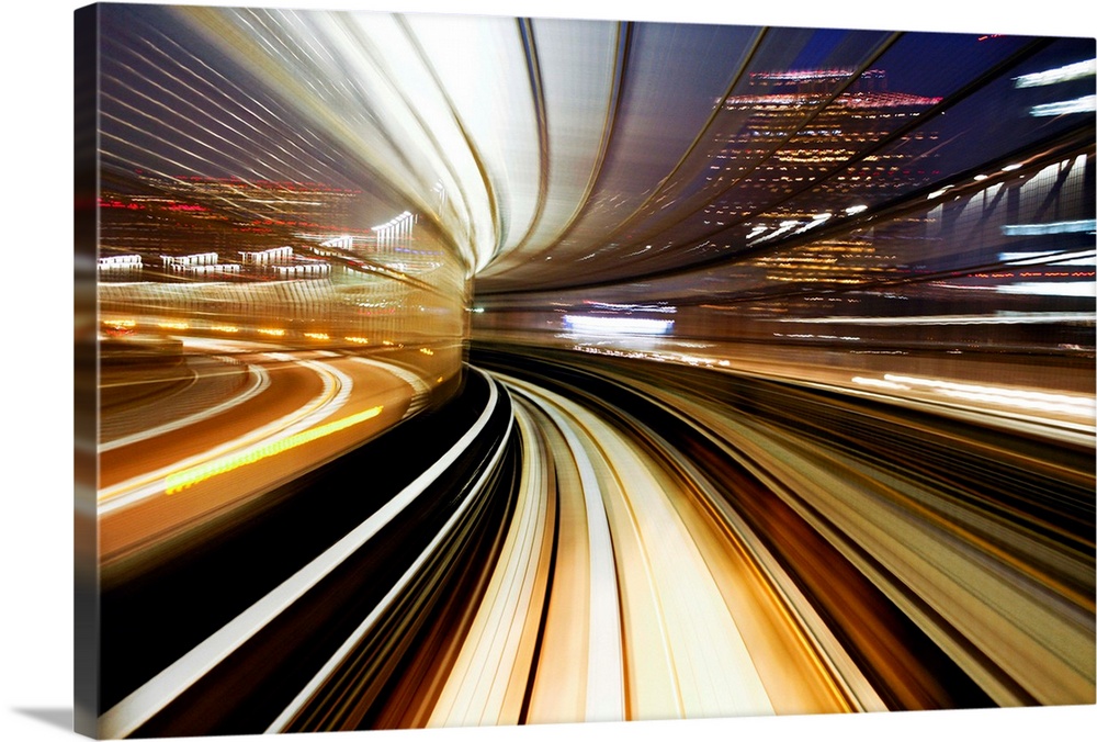 Asia, Japan, Honshu, Tokyo, POV blurred motion crossing the Rainbow Bridge from a moving train