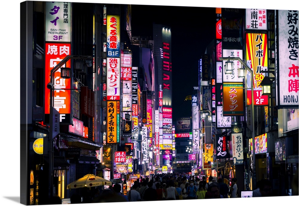 Asia, Japan, Tokyo, Shinjuku, Kabukicho neon signs and crowd.