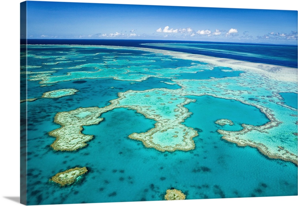 Australia, Queensland, Whitsundays, Great Barrier Reef Marine Park. Aerial view of coral formations at Hardys Reef.