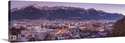 Austria, Innsbruck, elevated city view with the Wilten Basilica and Wilten Abbey Church