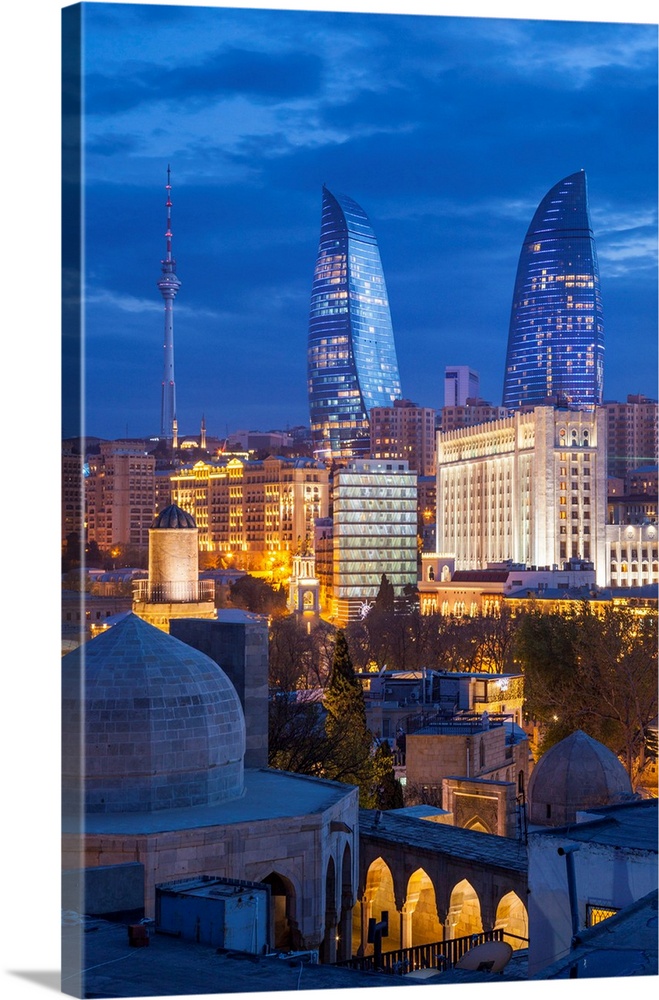 Azerbaijan, Baku, high angle skyline view with The Flame Towers.