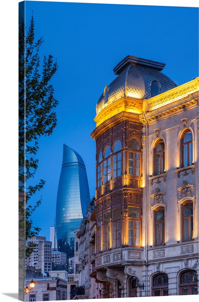 Azerbaijan, Baku, Old City and Flame Towers.