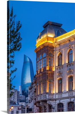 Azerbaijan, Baku, Old City And Flame Towers