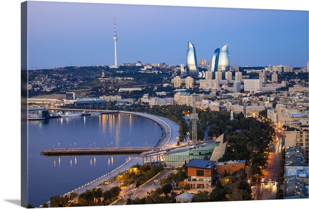 Azerbaijan, Baku, View of city looking towards The Baku Business Center on the Bulvur - waterfront in the distance are  Fl...