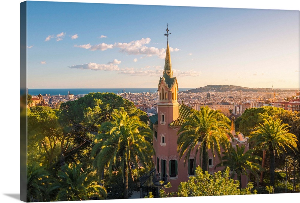 Barcelona, Catalonia, Spain, Southern Europe. High angle view of the Antoni Gaudi's house in Park Guell at sunset.