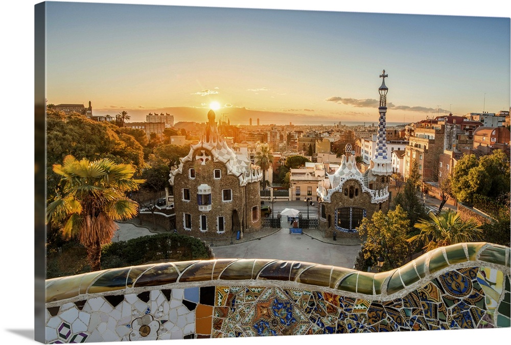 Barcelona, Catalonia, Spain, Southern Europe. Unique Antoni Gaudi's architecture of Park Guell at sunrise.