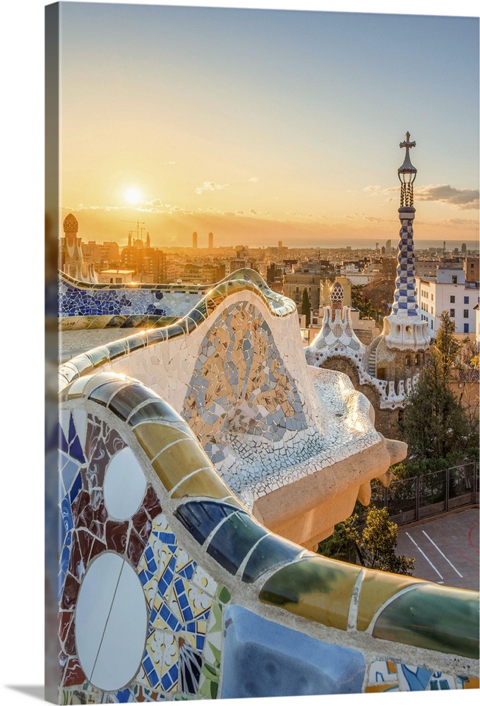 Barcelona, Catalonia, Spain, Southern Europe. Unique Antoni Gaudi's architecture of Park Guell at sunrise.