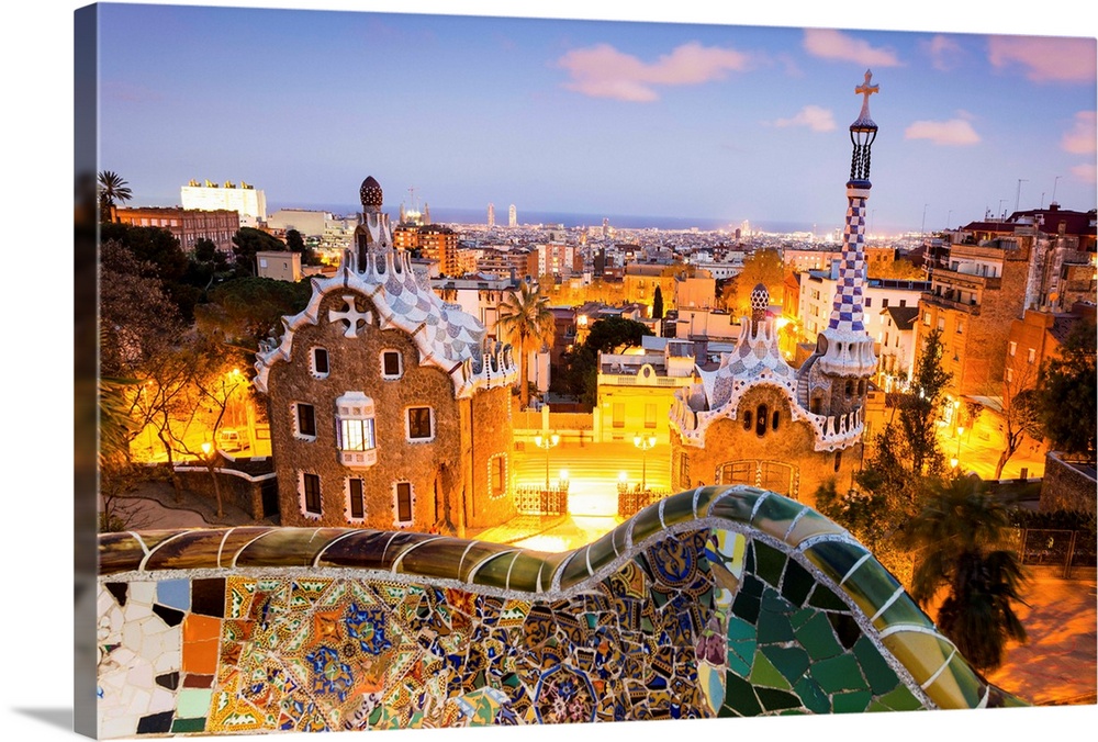 Barcelona, Park Guell, Spain, the modernism park designed by Antonio Gaudi, dusk.