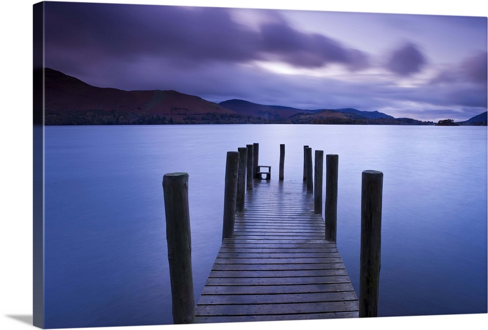 Derwent Water, Lake District National Park, Cumbria, England, UK  - View along wooden jetty at Barrow Bay landing