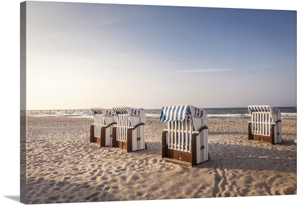 Beach chairs in winter in Kuehlungsborn, Mecklenburg-West Pomerania, Baltic Sea, North Germany, Germany.