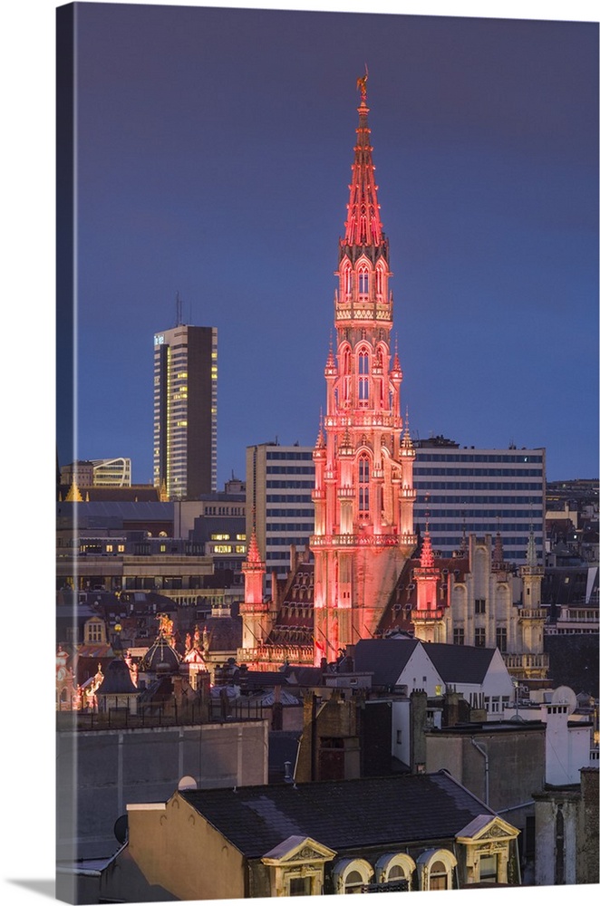 Belgium, Brussels, Grand Place, elevated skyline with Hotel de Ville, dusk.