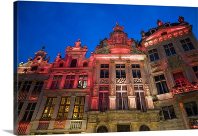 Belgium, Brussels, Grand Place, evening illumination of the Guild Halls