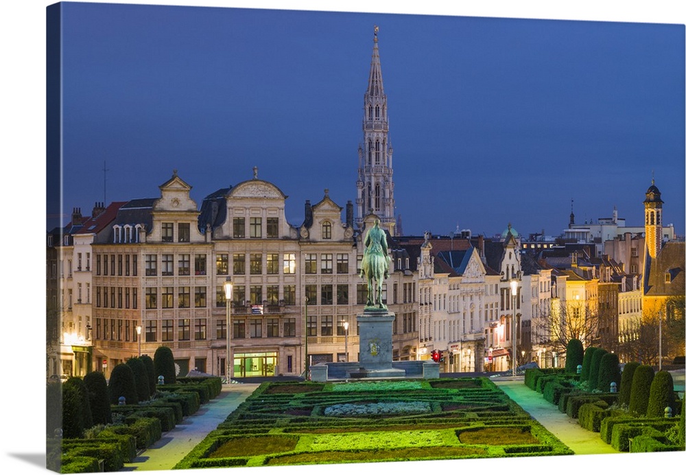 Belgium, Brussels, Mont des Arts, city skyline with Hotel de Ville tower, dawn.