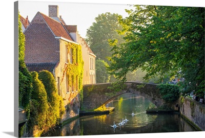 Belgium, West Flanders (Vlaanderen), Bruges, Buildings Along The Groenerei Canal At Dawn