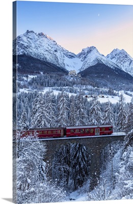Bernina Express Transit In Winter, Lower Engadine, Canton Of Grisons, Switzerland