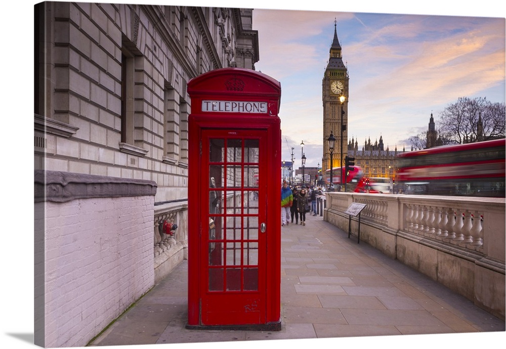 Big Ben, Houses of Parliament and a red phone box, London, England.