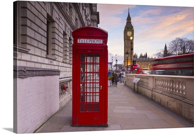 Big Ben, Houses of Parliament and a red phone box, London, England