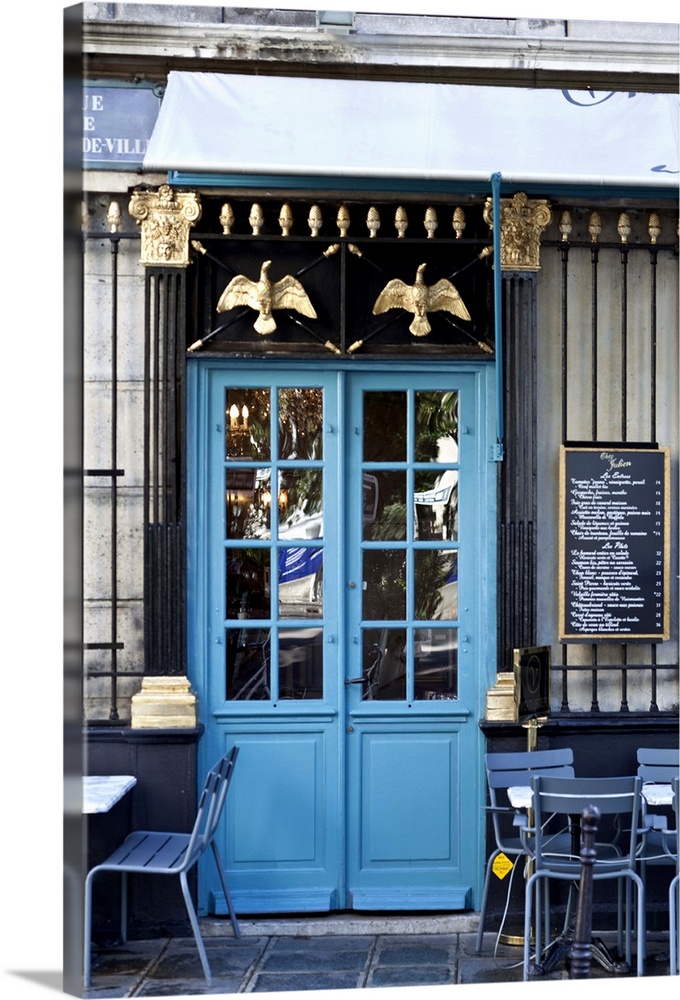 Blue doors of cafe, Marais District, Paris, France