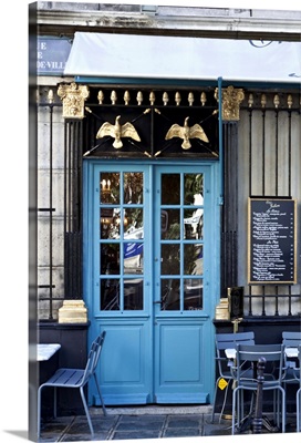 Blue doors of cafe, Marais District, Paris, France