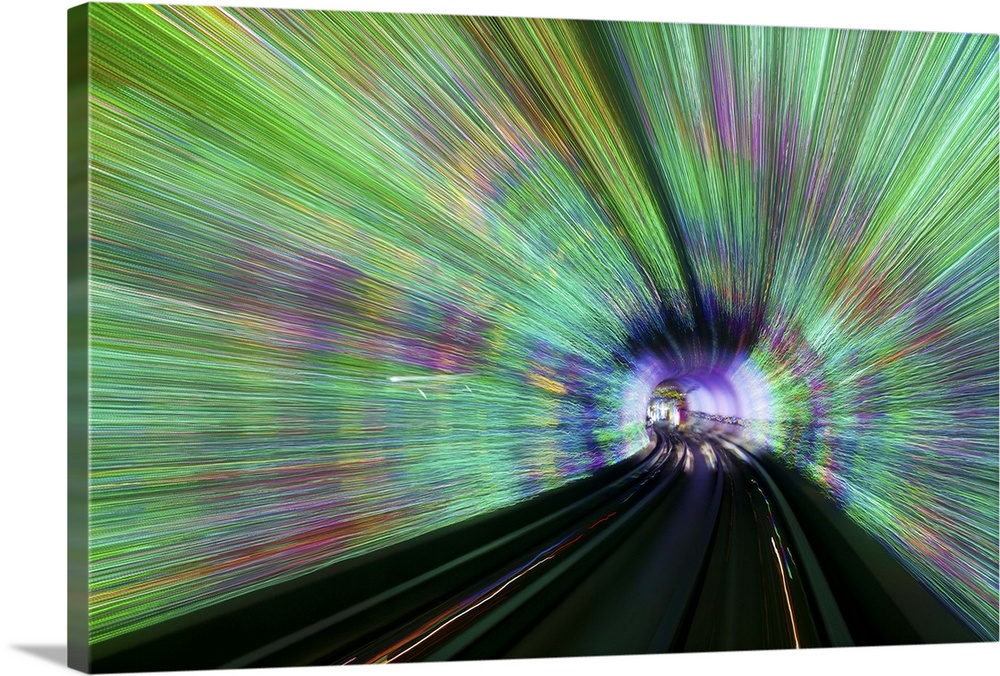 Blurred motion light trails in an train tunnel under the Huangpu tiver linking the Bund to Pudong, Shanghai, China