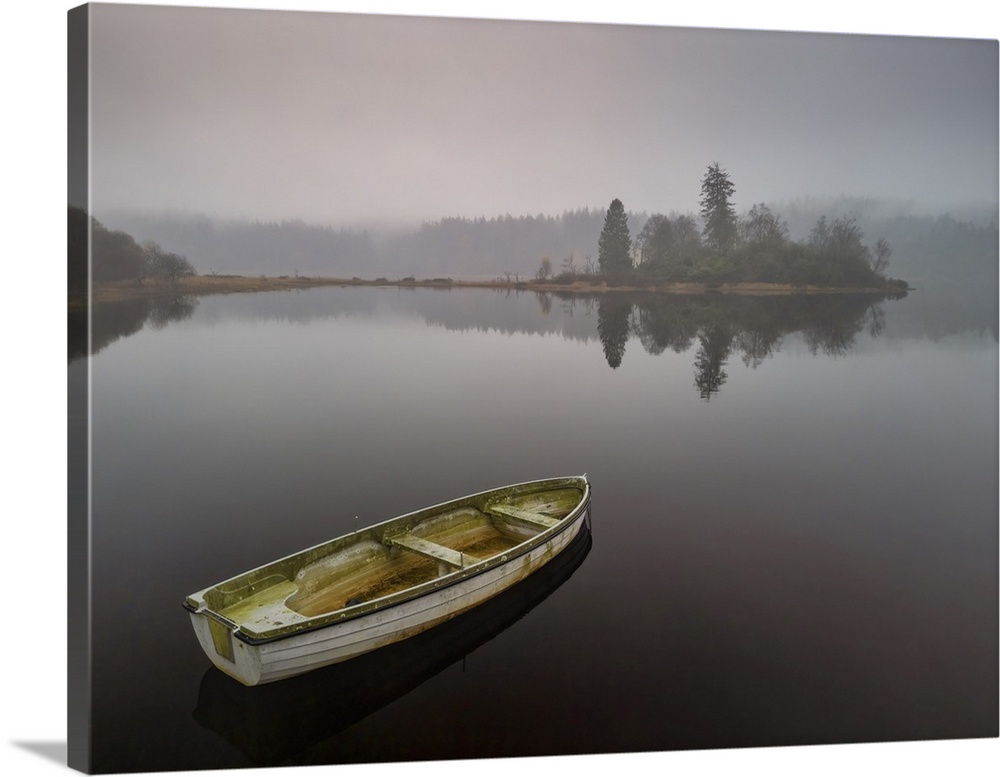 Boat On Loch Achray In Mist, Trossachs National Park, Central Region, Scotland