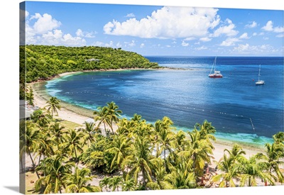 Boats Moored In Tropical Lagoon Near The Palm Fringed Galleon Beach, Antigua, Caribbean