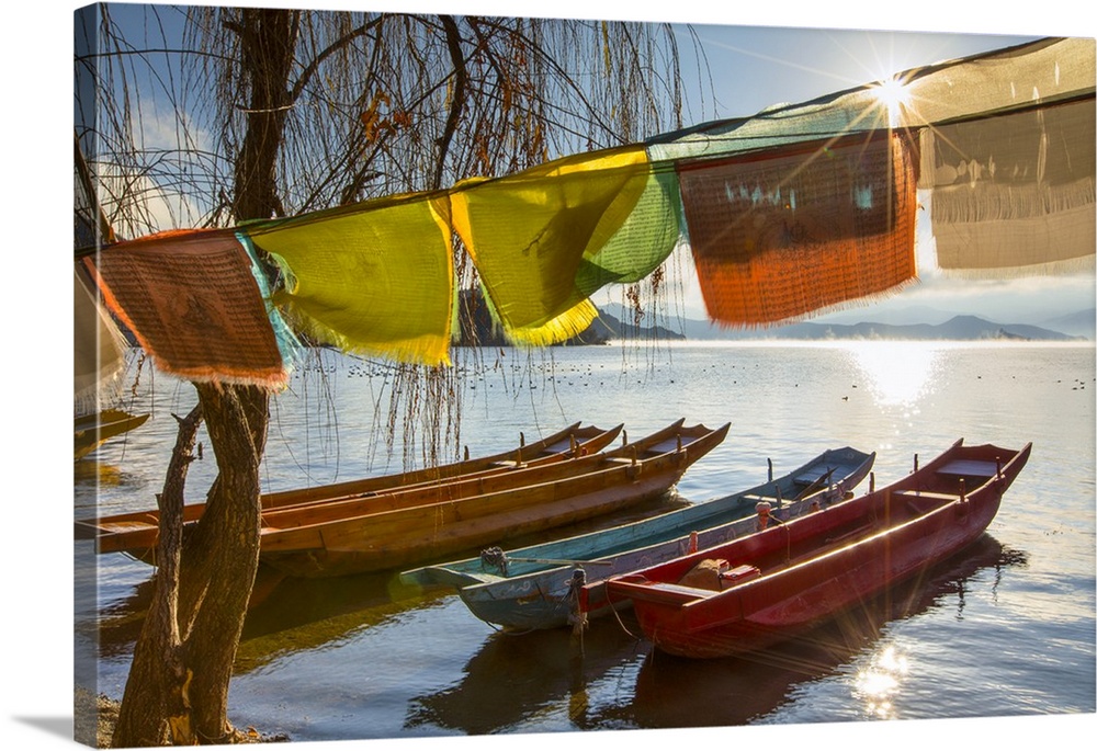 Boats on Lugu Lake, Lige village, Yunnan, China.