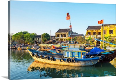 Boats On The Thu Bon River In Front Of Hoi An, Ancient Town In Late Afternoon, Vietnam