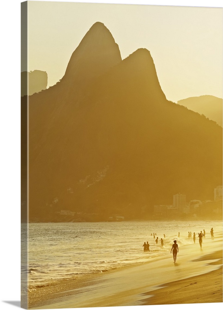 Brazil, City of Rio de Janeiro, Ipanema Beach and Morro Dois Irmaos during sunset.