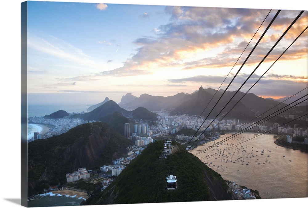 Brazil, Rio De Janeiro, Urca, Cable Car on Sugar Loaf Mountain with view of  Vermelha beach, Copacabana, Botafogo Bay and ...