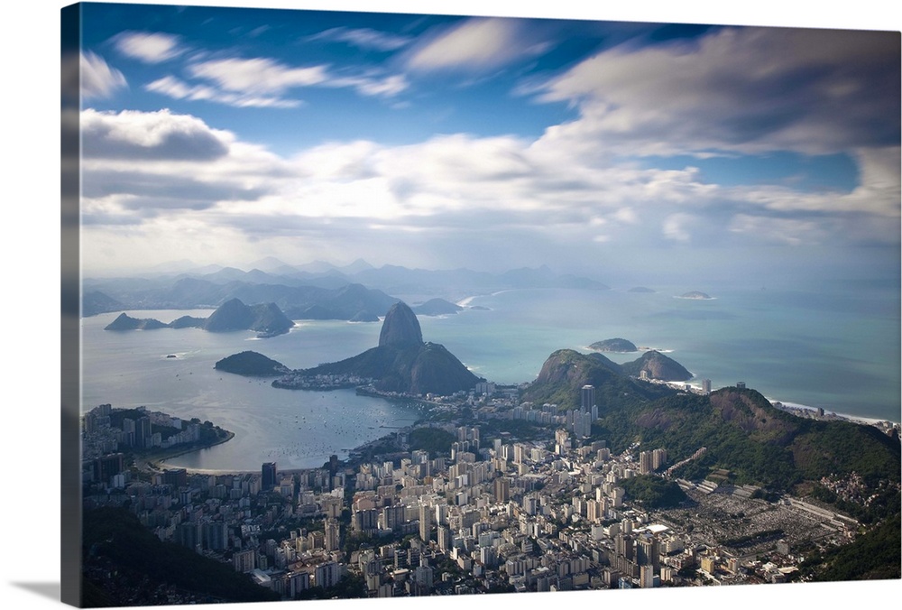 Brazil, Rio De Janeiro, Cosme Velho, View of Sugar Loaf mountain, Botafogo Bay and Copacabana  from Cocovado