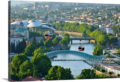 Bridge Of Peace And The Mtkvari River, The Famous Cable Car Above, Tbilisi, Caucasus