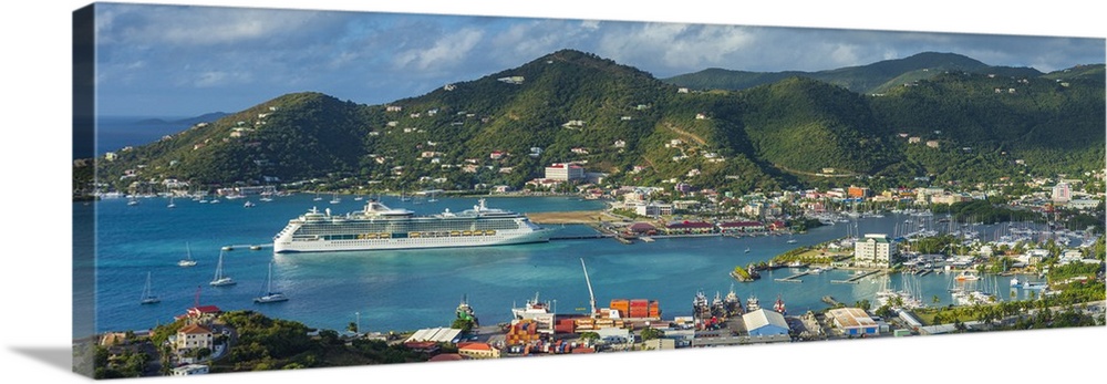 British Virgin Islands, Tortola, Road Town, elevated town view with cruiseship from Free Bottom