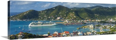 British Virgin Islands, Road Town, elevated town view with cruise ship from Free Bottom